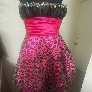 Vintage 80s style cinderella design, pink leopard strips , colored rhinestones